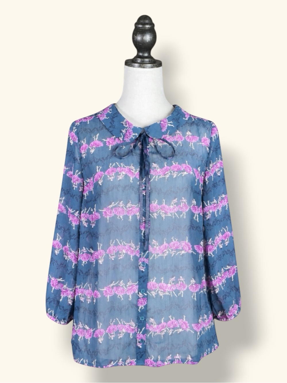 ModCloth Blouse Top Blue Pink Sheer Tie Neck Ballerina Balletcore Twee Retro M